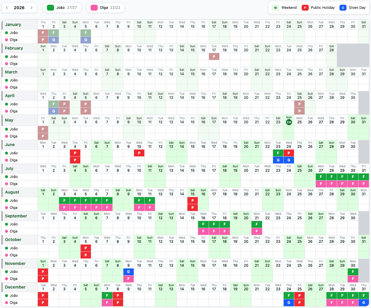 TimeOffCalendar - year-at-a-glance calendar with overlaps highlighted